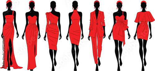 Red fashion silhouettes, elegant outfit styles, formal wear inspiration, female clothing design, couture sketch board, garment illustration, stylish attire reference