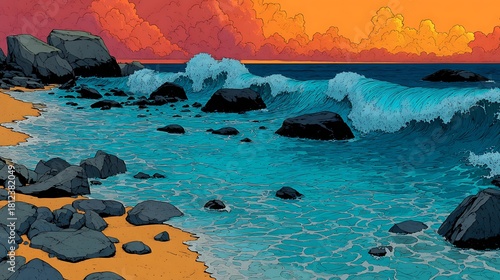 Comic Style Ocean Waves On Vibrant Coast High Resolution Picture