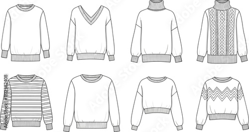 Set of Women's Knitwear Pullovers, Technical Flat Sketches, Crew Neck, V-neck, Turtleneck, Striped and Cable Knit Sweater Vector Illustration Template