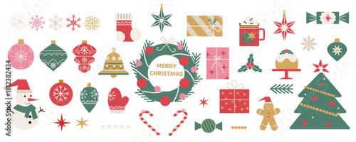 Merry Christmas geometric icons set. Modern minimal vector illustrations of fir tree, wreath, gifts, ornaments, snowman, candy. Xmas abstract flat decorations. Christmas modern elements, stickers set.