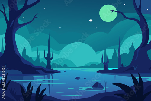 Moonlit Enchanted Swamp Landscape vector illustration