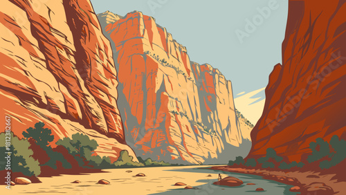 Zion Canyon Wall Scene – Stylized Desert Cliffs, Southwestern Landscape, and Modern Art Vector Design