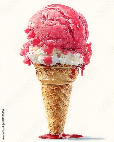 Creamy Strawberry Ice Cream In Waffle Cone High Resolution Picture