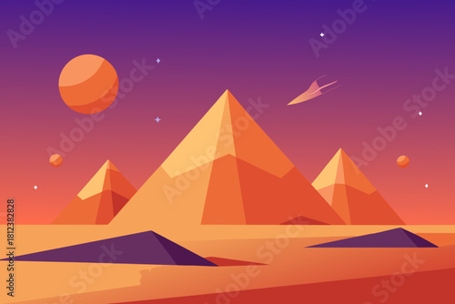 Mystical Desert with Floating Pyramids vector illustration