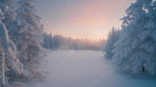 Snow covered trees framing a frozen lake at sunrise with soft pink and orange sky Keywords: winter, snow, forest, trees, frozen, lake, sunrise, dawn, sky, nature, landscape, cold, ice, frost