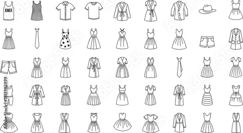 Thin line fashion clothing icon set vector illustration, large collection of dresses robes shorts and accessories outline design.