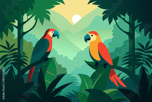 Colorful Parrots in a Rainforest vector illustration