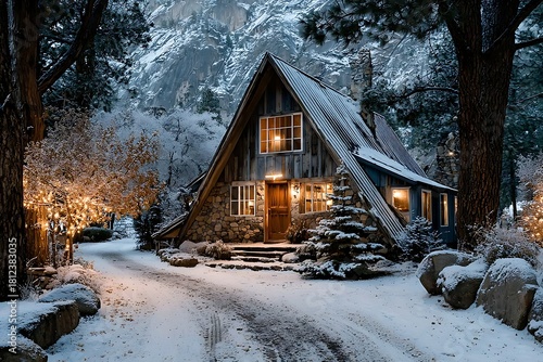 Cozy Snowy Cabin With Warm Glowing Windows High Resolution Picture