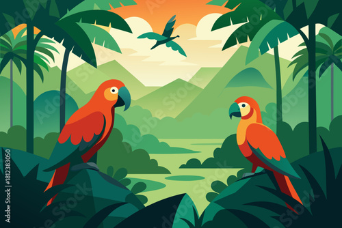 Flock of Parrots in the Jungle vector illustration