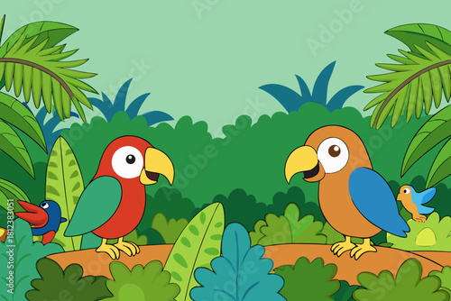 Vibrant Parrots amidst Rainforest Leaves vector illustration