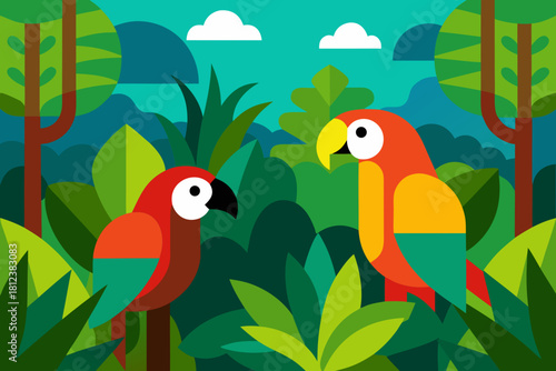 Tropical Rainforest with Perched Parrots vector illustration