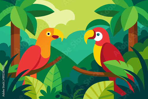 Macaws Sitting in a Tropical Rainforest vector illustration