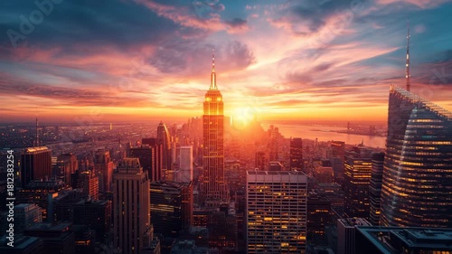 Iconic sunset over the empire state building in new york city