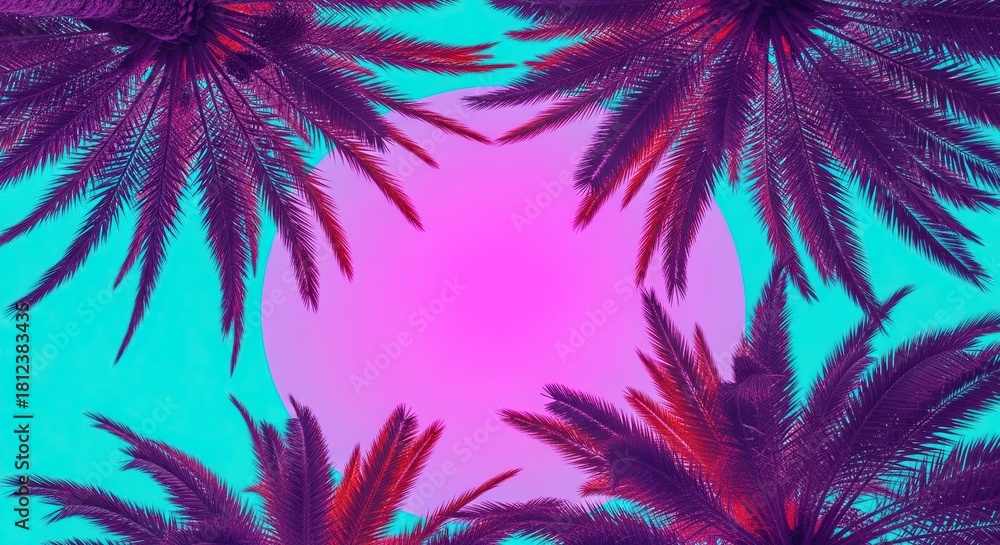 Obraz premium Vibrant palm fronds frame a retro sunburst with a cool Miami Vice vibe, perfect for summer promotions and tropical designs that pop with color and style