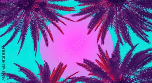 Vibrant palm fronds frame a retro sunburst with a cool Miami Vice vibe, perfect for summer promotions and tropical designs that pop with color and style