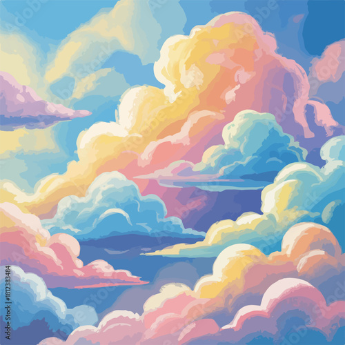 A blue sky cloudscape with sun rays and a rainbow illustration of summer nature