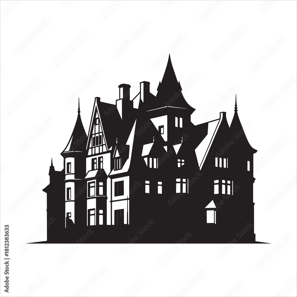 Fototapeta premium Silhouette of old gothic mansion with spires and intricate details Art & Illustration