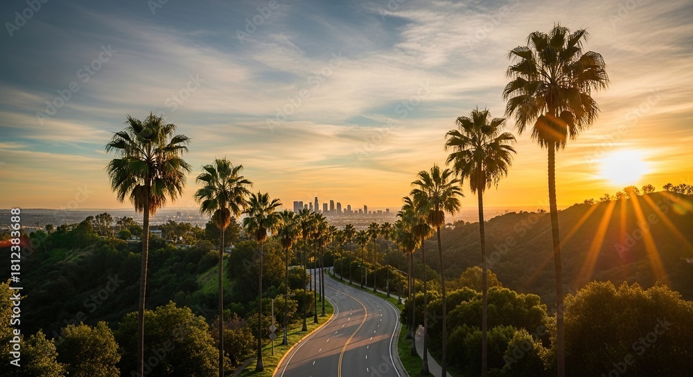 Obraz premium Golden hour illuminates a winding road lined with palm trees leading to the captivating Los Angeles skyline, inviting travel and adventure