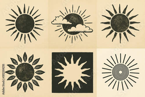 Set of six stylized sun icons in flat vector style. Includes varied shapes, rays, and backgrounds. Ideal for design, branding, and seasonal creative projects.