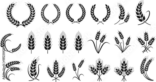 Wheat Ears and Grain Wreath Silhouette Vector Set, Agriculture and Bakery Icon Collection, Black Barley Stalks for Logo Design