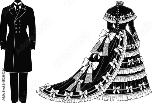 Victorian fashion, vintage clothing, historical costume, formal wear, antique style, elegant gown, classic suit, lace, ruffles, puffed sleeves