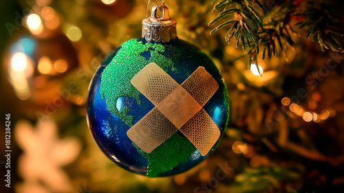 Christmas ornament made of glass in the shape of planet Earth with a medical bandage hanging on a Christmas tree
