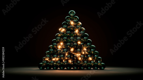 Christmas tree made of empty glass wine bottles, on a dark background
