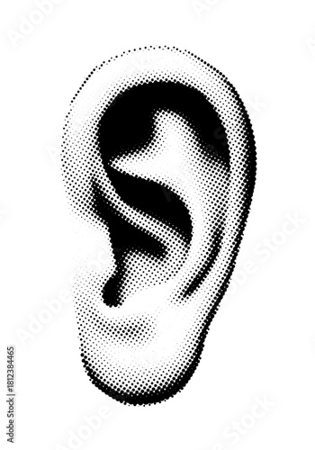 A detailed halftone illustration of a human ear isolated on, showcasing the intricate details and textures of the auditory organ in a vintage style