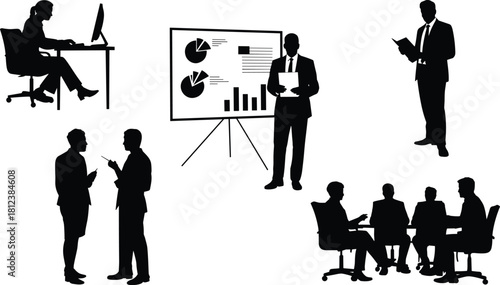Business silhouettes, office teamwork, meeting scene, presentation board, corporate communication, desk work, professional staff, workplace vector, black illustration, strategy