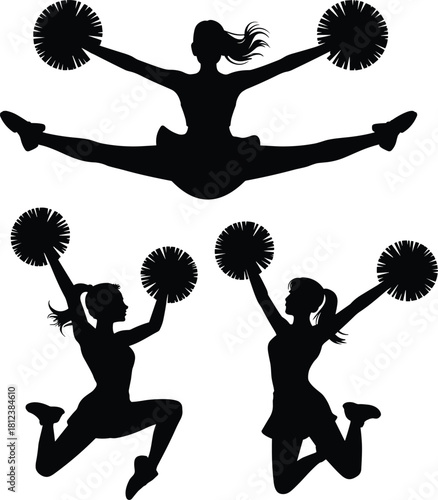 Cheerleader silhouettes, pom-poms jump, athletic pose, energetic motion, dance routine, black vector, spirit squad, performance art, white background, celebration