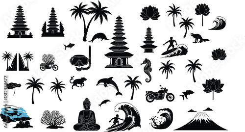 Bali icons with temples, palm trees, lotus, marine life, Buddha, volcano, surfing, scooter, cultural and nature silhouettes