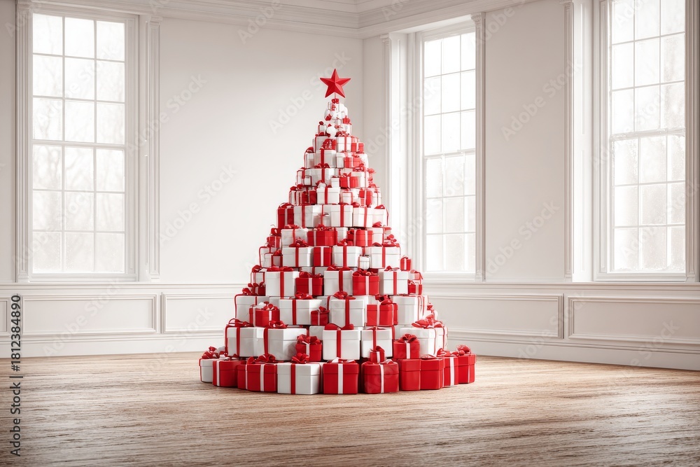 Fototapeta premium Gift boxes stacked to form a Christmas tree with a star at the top are situated in a bright room