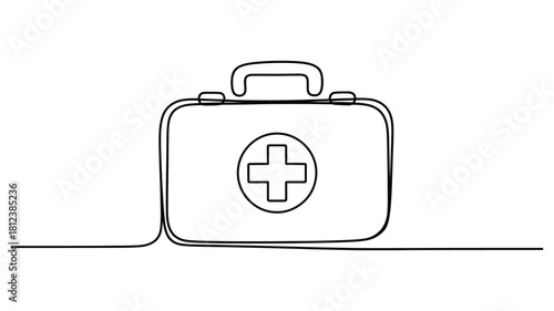 minimalist continuous line drawing of medical first aid kit with cross symbol, healthcare emergency concept, isolated vector illustration