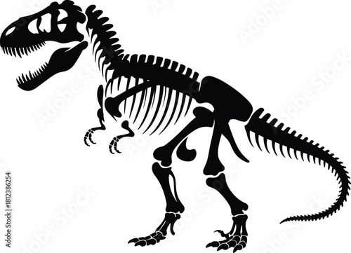 Tyrannosaurus rex skeleton silhouette, dinosaur bones, prehistoric fossil, paleontology vector, side profile, museum exhibit, extinct predator, black illustration