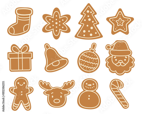 Collection of Christmas gingerbread cookies in various shapes. Isolated white background. Vector illustration