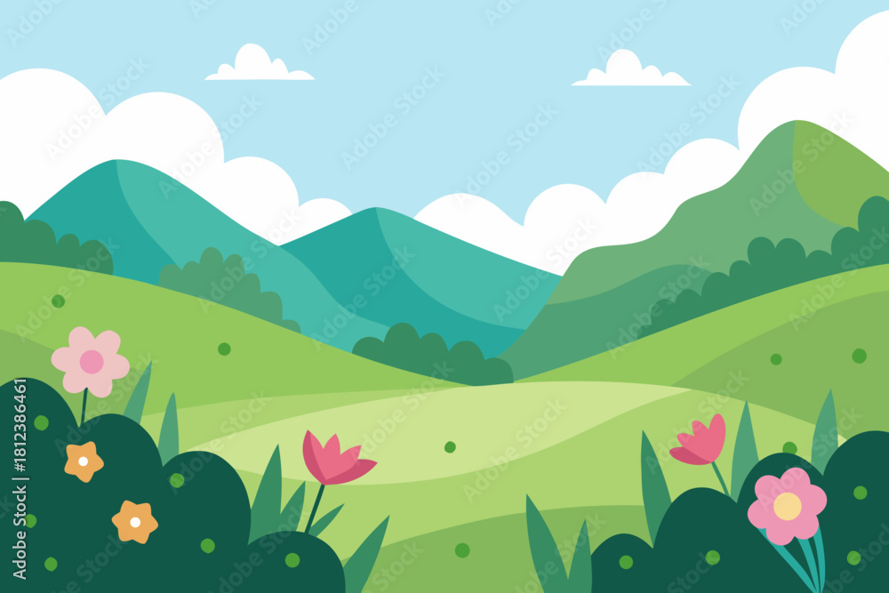 Fototapeta premium Peaceful Meadow with Blooming Flowers vector illustration