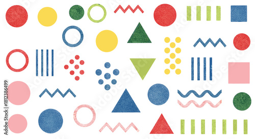 A playful and colorful pattern featuring geometric shapes with a textured, grainy effect, isolated on perfect for adding a fun, retro touch to any design