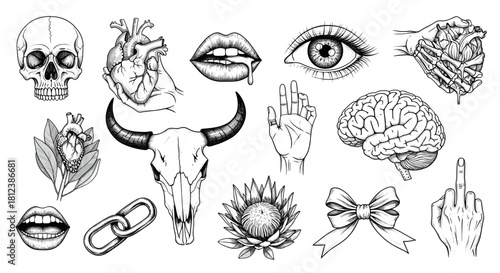 A captivating collection of handdrawn tattoo elements, featuring skulls, hearts, eyes, and various symbols, all meticulously crafted in a striking black and white style isolated on