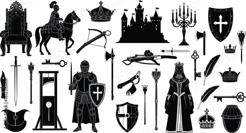Medieval royalty and knight silhouettes with throne, castle, weapons, crowns, queen, armor, regalia, horse, guillotine, shields, keys