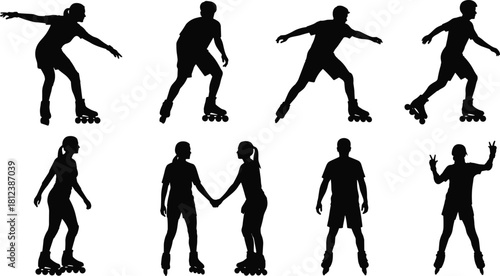 Roller skating silhouettes with dynamic poses, skaters in motion, interaction, balance, black graphic vector design for sport themes