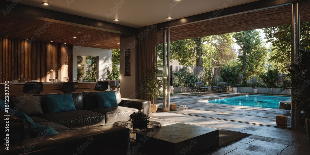 Obraz premium Modern Home Interior with Stunning Pool View - Contemporary Lifestyle Scene