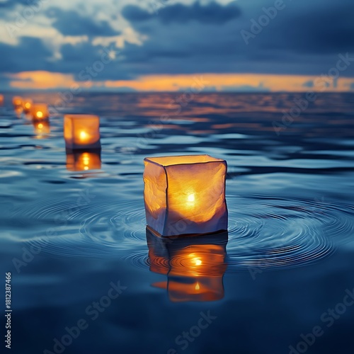 Tranquil water lantern display at sunset high resolution picture