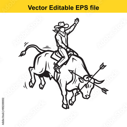 Black and white line art vector illustration of a cowboy riding a bucking bull with arrows in its head, isolated on