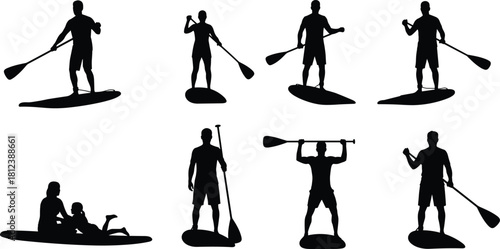 Stand-up paddleboarding silhouettes with paddles, poses, family activity, water sport, SUP icons, black graphic vector design