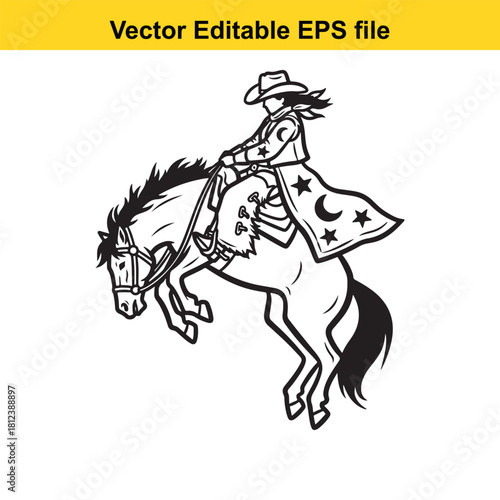 Black and white line art vector illustration of a female cowgirl wearing a widebrimmed hat riding a bucking horse isolated on