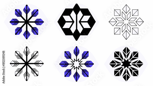 Six stylized snowflake designs in black, white, and purple on a white background in a grid pattern