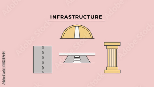 Illustration showing infrastructure elements including a road, tunnel, bridge, and a classical column