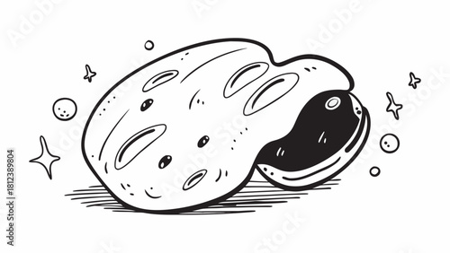 Illustration of a stylized space rock with craters and celestial elements in black and white style