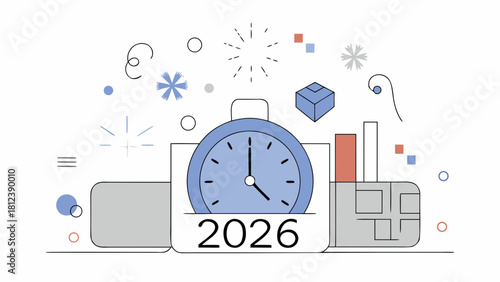 Illustration of a clock showing the year 2026 with geometric shapes and decorative elements around it