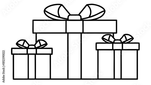 Outlined illustration of three gift boxes stacked with bows in a simple line drawing style design